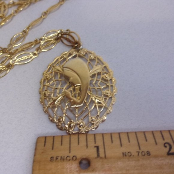 Holy Mary Filigree Gold Tone Pendant Necklace 24" L - Picture 9 of 10